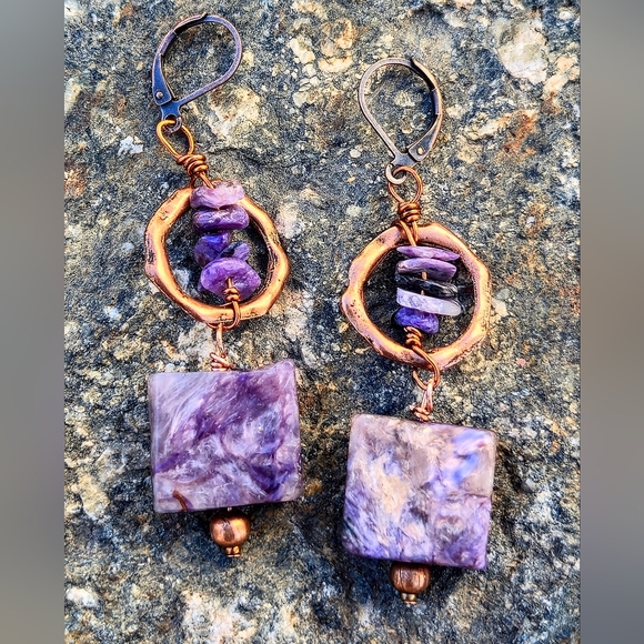 Handmade Jewelry - Handcrafted Rustic Russian Purple Charoite In Copper Artisan Drop Earrings